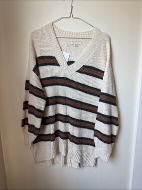 White & Brown Striped V-Neck Sweater